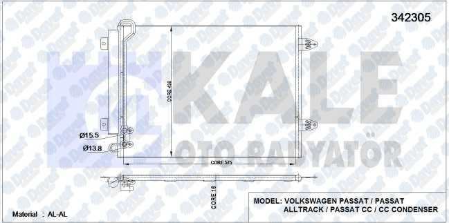 KALE 342305 Klima Radyatoru Vw Passat / Passat Alltrack-Passat Cc-Cc 05> (Al/Al) (Kurutucu Ile)